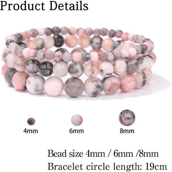 3 PCS 4,6,8mm Pink Zebra Healing Natural Stone Beaded Stretch Bracelet for Women - Picture 5 of 6
